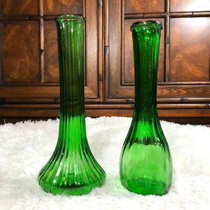 Vintage Set of 2 Emerald Faceted Glass Bud Vases